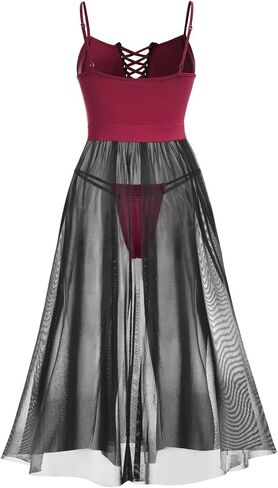 ROSE GAL Rosegal Womens Plus Size Lingerie Babydoll Lace-up Chemise Sheer Mesh Split Hem Nightwear Sexy Long Gown Nightdress in Kuwait