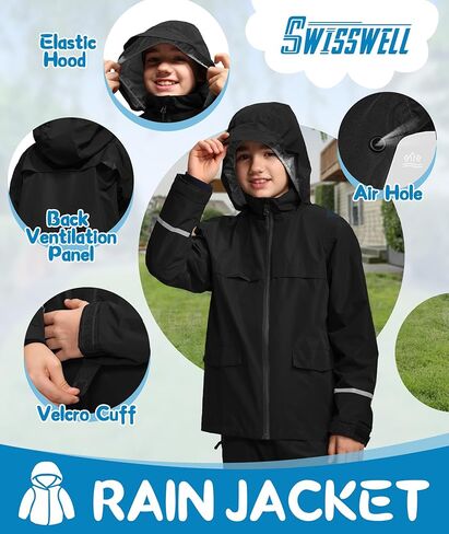 SWISSWELL Boys Rain Gear Waterproof Rain Jackets and Pants Kid Rain Gear Suit Lightweight for Camping Biking Outdoor in Kuwait