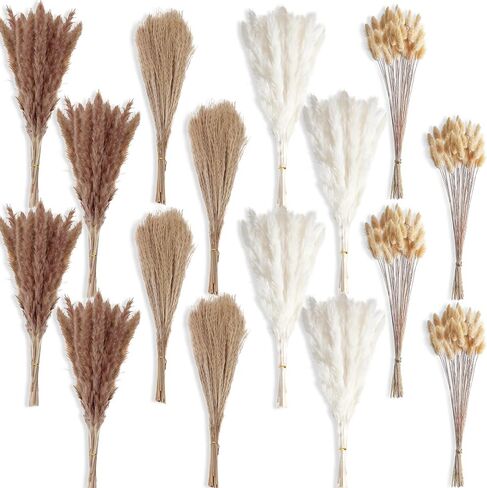 100 PCS Small Boho Pampas Grass, 17" Naturally Dried Pompas, Pampas Grass Decor for Wedding , Boho Party Decorations, Table Decor（Brown and White） in Saudi Arabia