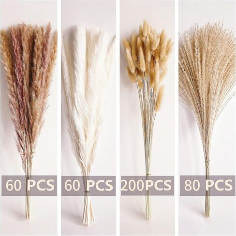 100 PCS Small Boho Pampas Grass, 17" Naturally Dried Pompas, Pampas Grass Decor for Wedding , Boho Party Decorations, Table Decor（Brown and White） in Saudi Arabia