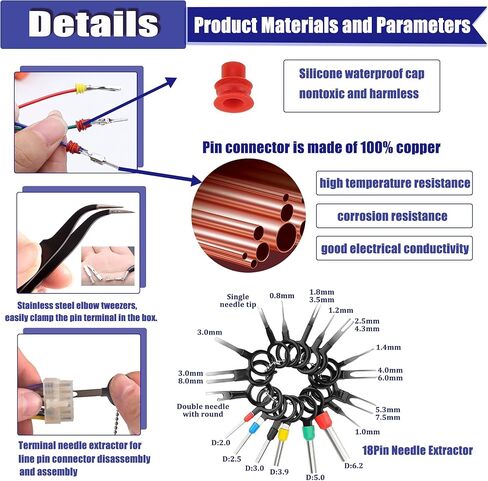 21 نوع 290 ​​قطعة مجموعة موصلات الدبابيس، طرف سلك كهربائي للسيارة 1/1.5/1.8/2.2/2.8/3.5 مم دبابيس كهربائية للسيارات، إزالة الأسلاك، قابس غير معزول in Kuwait