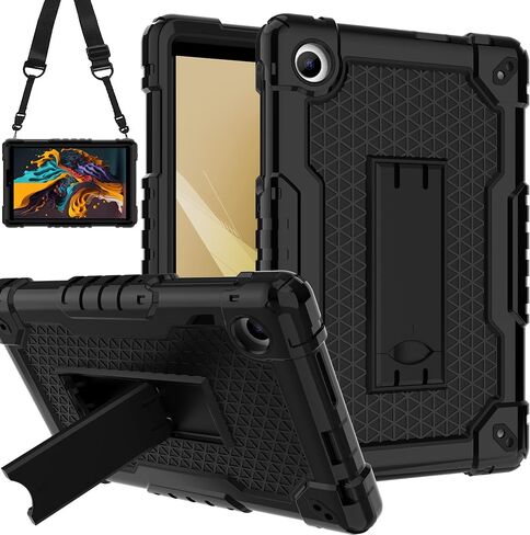 for TCL Tab 8 Plus Tablet/for TCL Tab 8 WiFi 9132X / LE 9137W Tablet Case Soft Silicone Rubber Had Back Shell Protection Shockproof Kids Friendly Built in Stand Shoulder Strap (Black+Black) in Saudi Arabia