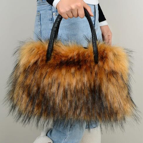 Furry Tote Bag Soft Faux Fur Bags Lightweight Travel Bags Cute Madam Plush Purses in Kuwait