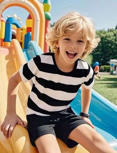 COSLAND Boys and Toddlers' Short Sleeve Striped T-Shirt, Cotton, Kids' Crew Neck Tee, 2T-Large in Kuwait