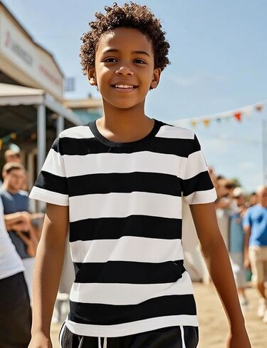 COSLAND Boys and Toddlers' Short Sleeve Striped T-Shirt, Cotton, Kids' Crew Neck Tee, 2T-Large in Kuwait