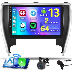 Hikity 2+64GB Android 13 Carplay Stereo for Toyota Camry 2015-2017 with Wireless Carplay Android Auto Mirror Link, 9 Inch Touchscreen Radio GPS WiFi Bluetooth FM RDS MIC Backup Camera