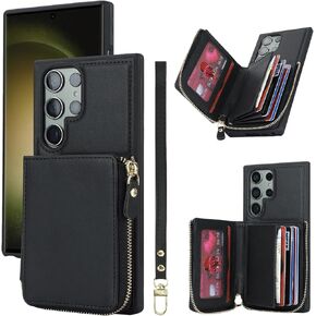 Samsung Galaxy S23 Ultra Case with Card Holder, Flip Case with Wrist Strap, Red