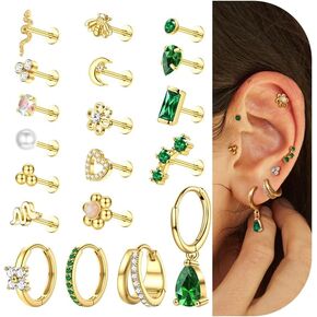 16G Flat Back Earrings for Women Stainless Steel Internally Threaded Cartilage Stud Earrings Butterfly CZ Flatback Stud Earring Tragus Helix Body Piercing Jewelry