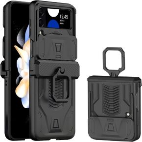 Miimall Compatible for Z Flip 4 Case, Galaxy Z Flip 4 Case Ring Holder Magnetic Hinge Cover Slide Lens Protector All-Inclusive Protective Bumper Cases for Galaxy Z Flip 4 (Black)