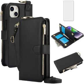 Asuwish Phone Case for iPhone 15 6.1 inch Zipper Wallet with Tempered Glass Screen Protector Crossbody Strap Card Holder Stand Flip Cell Cover iPhone15 5G i i-Phone i15 15Case Women Girls Violet