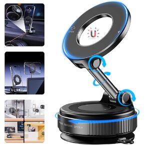 Foluu Magnetic Car Phone Holder - Strong Vacuum Suction Cup Mount 360° Rotation - Compatible with iPhone 16 15 14 13 12 Android - Car Accessories (Black)