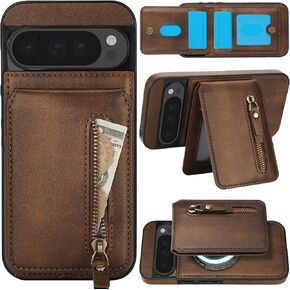 2-in-1 Detachable Magnetic Wallet Case for Google Pixel 9 / Pixel 9 Pro with Card Holder, Compatible with MagSafe RFID Blocking Leather Cover with Zipper Purse for Pixel 9/9 Pro FLT Black