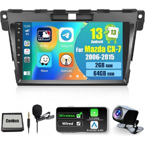 Fuluku【2+64G 18 FM Radio】 for Mazda CX-7 2006-2015 Car Stereo Android 13 with Wireless Carplay Android Auto Mirror Link, 9’Touchscreen Radio WiFi/GPS/RDS/Bluetooth/SWC/Waterproof Night Backup Cam Mic