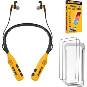 DEWALT 2-in-1 Neckband Bluetooth Headphones w/Built-in Speakers Glass Screen Protector for iPhone 13/13 Pro/14