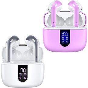 TAGRY 2 Sets X08 White and Sunset Pink Bluetooth Headphones True Wireless Earbuds 60H Playback Ear Buds with Wireless Charging Case in-Ear Earbuds with Mic