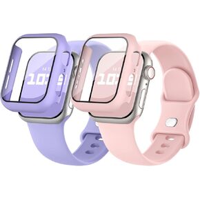 2 Pack 3-IN-1 for Apple Watch Band with Case & Screen Protector 40mm 41mm 44mm 45mm, Silicone Sport Band and Protective Cover with 9H Tempered Glass for iWatch Series SE 9 8 7 6 5 4