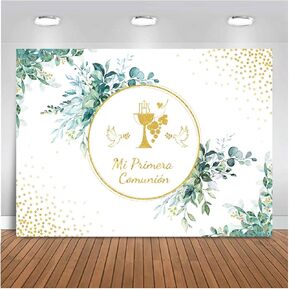 Mi Primera Conmunion God Bless The First Eucharist Party Baptism Decorated with Golden Glitter Backdrop Photography Background Photo Banner 7x5ft