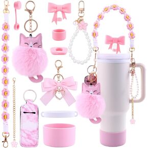 11PCS Stanley Cup Accessories Set for Stanley Cup 30oz 40oz Tumbler Including Water Bottle Handle Strap Silicone Cup Boot Spill Stopper Lipstick Holder Keychain Charms Straw Topper