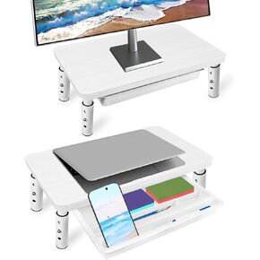 Monitor Stand with Storage Drawer, 2 Pcs Wood Riser with Metal Bracket for Desk, Adjustable Desk Shelf for Top of Desk 3 Levels of Height & Angle, Computer Laptop Desktop Organizer White