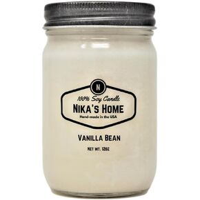 Nika's Home Vanilla Bean Soy Candle - 12oz Mason Jar - Non-Toxic White Soy Candle-Hand Poured Handmade, Long Burning 50-60 Hours Highly Scented All Natural, Clean Burning Large Candle Gift Home Décor