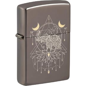 Zippo Lighter: Engraved Elephant and Lotus Flower - Black Ice 46103