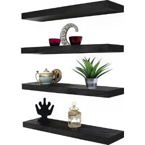 Wood Floating Shelves for Wall Decor, Rustic Wall Shelves for Bedroom Bathroom Kitchen Living Room, Set of 6 Black