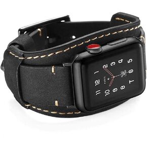 Compatible with Apple Watch Bands 45mm 44mm 42mm/Ultra 49mm Genuine Leather Strap Cuff Sport Wristbands for iWatch Se Band Series 9 8 7 6 5 4 3 2 1 Men Women Retro Crazy Horse Strap (Black 45/44/42mm).