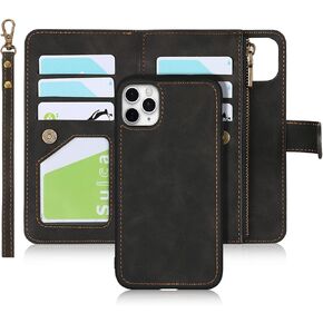 iCoverCase for iPhone 11 Pro Max Wallet Case with Card Holder and Wrist Strap, PU Leather Kickstand Card Slots Zipper Pocket Magnetic [Detachable] Flip Cover Case 6.5 Inch (Purple)