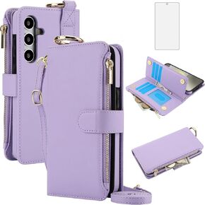 Asuwish Phone Case for Samsung Galaxy A15 5G/4G Zipper Wallet with Tempered Glass Screen Protector Crossbody Strap Card Holder RFID Blocking Stand Flip Cell Cover A 15 G5 15A Women Girls Apricot