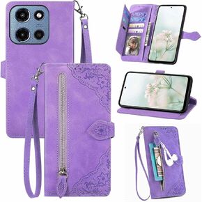 for Motorola Moto G 2025 Case Wallet for Women,Flowers Emboss PU Leather Wrist Strap Zipper Card Holder Flip Protective Phone Cover for Moto G 2025 6.7" (Blue)