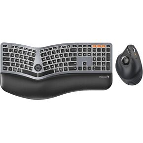ProtoArc Backlit Wireless Ergonomic Keyboard Grey Vertical Wireless Trackball Mouse, EM05 NL Bluetooth Ergonomic Rollerball Mouse Rechargeable Computer Laptop Thumb Mouse