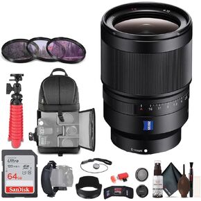 Sony Distagon T Fe 35mm f/1.4 ZA عدسة قياسية + 64 جيجابايت بطاقة ذاكرة + مجموعة مرشح + حقيبة ظهر + ترايبود مرنة + حارس كاب + مجموعة التنظيف + بطاقة الذاكرة + المزيد