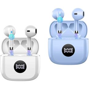Jxrev 2 Pack White and Purple Wireless Earbuds, Wireless Earbuds, Bluetooth Ear Buds LED Power Display Headphones Bass Stereo, Bluetooth Earbuds in-Ear Noise Cancelling Mic, 40H Playback Mini Case