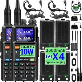 BAOFENG 5RM Ham Radio Handheld 10W NOAA Weather Receiver, UV-5RM Ham Radios Long Range with Programming Cable, Earpiece, 4 Pack Batteries Total 10000mAh Capacity, Type-C Charging, 2Pack
