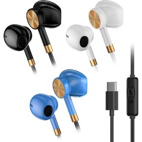 USB C Headphones Earbuds 3 Pack - USB C Earphones Noise Isolating, in-Ear Type C Ear Buds Wired with Microphone Heavy Bass Compatible with Phones, Android and All TypeC Jack