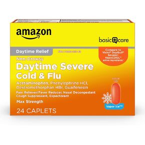 Amazon Basic Care Vapor Ice Day and Night Severe Cold and Flu Relief Caplets, Maximum Strength Medicine, Combo Pack, 48 Count