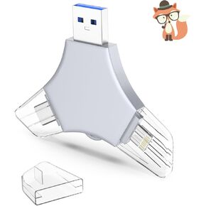 USB 3.0 Flash Drive 64gb for iPhone, 3in1 External Memory Picture Keeper Storage Stick for Photo/Video/Data Saver/Backup, V9.42High Speed Thumb Drives for iPhone/iPad/Android/PC - Tan-Gray