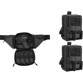 Concealed Carry Pistol Fanny Pack Holster & 2 Pack Tactical Molle Pouches with USA Flag Patch and Tactical D-Ring Clip