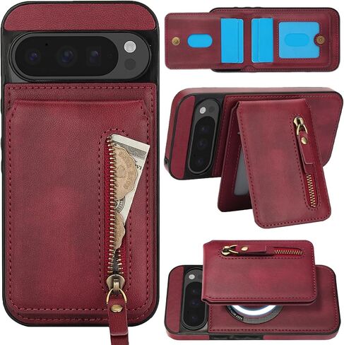 2-in-1 Detachable Magnetic Wallet Case for Google Pixel 9 / Pixel 9 Pro with Card Holder, Compatible with MagSafe RFID Blocking Leather Cover with Zipper Purse for Pixel 9/9 Pro FLT Black in Saudi Arabia
