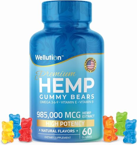 WELLUTION Hemp Gummies Sugar Coated - Fruity Gummy Bear with Hemp Oil. Natural Hemp Candy Supplements - Omega 3, 6 & 9 + Vitamins B & E - 60 ct in Saudi Arabia