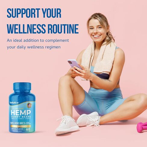 WELLUTION Hemp Gummies Sugar Coated - Fruity Gummy Bear with Hemp Oil. Natural Hemp Candy Supplements - Omega 3, 6 & 9 + Vitamins B & E - 60 ct in Saudi Arabia