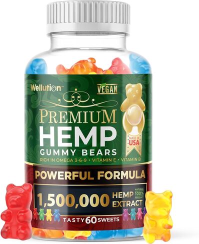 WELLUTION Hemp Gummies Sugar Coated - Fruity Gummy Bear with Hemp Oil. Natural Hemp Candy Supplements - Omega 3, 6 & 9 + Vitamins B & E - 60 ct in Saudi Arabia