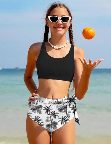 Girl Swimsuit Bikini Set Tropical Print Bathing Suit Two Piece Girls' Swimwear with Tie Side Knot 9-16T in Kuwait