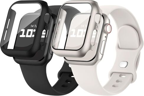 2 Pack 3-IN-1 for Apple Watch Band with Case & Screen Protector 40mm 41mm 44mm 45mm, Silicone Sport Band and Protective Cover with 9H Tempered Glass for iWatch Series SE 9 8 7 6 5 4 in Saudi Arabia