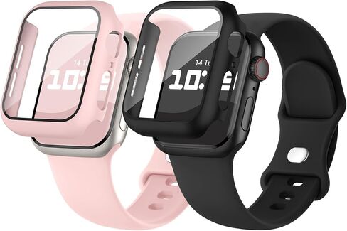 2 Pack 3-IN-1 for Apple Watch Band with Case & Screen Protector 40mm 41mm 44mm 45mm, Silicone Sport Band and Protective Cover with 9H Tempered Glass for iWatch Series SE 9 8 7 6 5 4 in Saudi Arabia