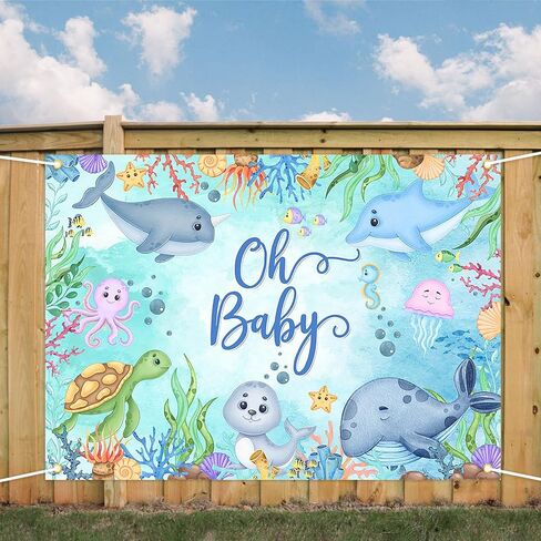 Avezano Under The Sea Baby Shower Backdrop Oh Baby Ocean Theme Baby Shower Party Decorations for Kids Underwater World Newborn Party Banner Decorations (7x5ft) in Saudi Arabia