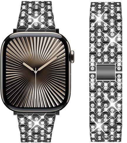 نطاقات متوافقة مع Apple Watch 49mm 46mm 42mm 45mm 41mm 44mm 40mm 40mm ، حزام بديل للمعادن الماس Rhinestone لـ Iwatch Series 10/9/8/7/6/5/4/3/SE/Ultra Women Men Men in Kuwait