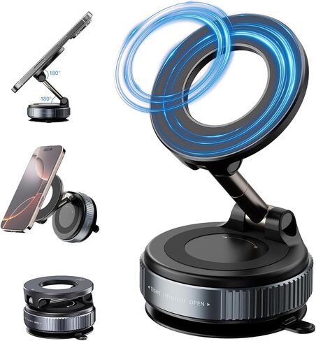 Eastcoo Vacuum Suction Magnetic Phone Holder for Car with 360 Degree Rotation, Handsfree Magnetic Phone Holder Mount for Smooth Surface,Foldable and Retractable Phone Holder for All Phones,Black in Saudi Arabia