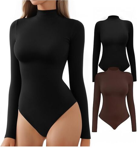 ALGALAROUND Women's Turtle Neck Bodysuit Long Sleeve Double Lined Basics Body Suit Tops in Kuwait