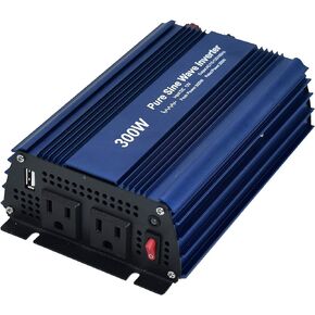 DC 12V to AC120V Pure sine Wave Power Inverter 300W with Dual sockets Output and DC 5V 2Amp USB Output. Ideal for Most Small Power appliances. (300W) Blue
